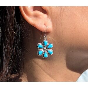 Native American Handmade Earrings Floral Design Silver Signed Zuni Jewelry **